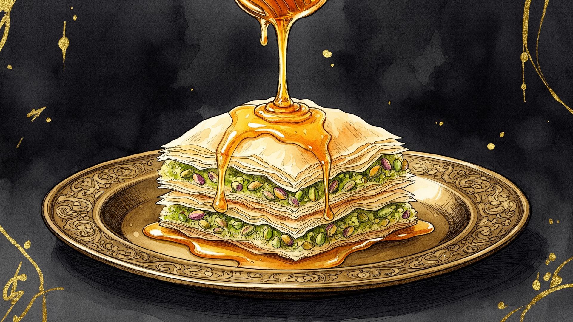 Goldener Honigsirup wird über frisch gebackenes Pistazien-Baklava auf einem Messingteller gegossen